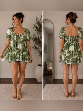 Mary Marshmallow Top Womens Small Green Palm Print Babydoll Puff‎ Sleeve Boho